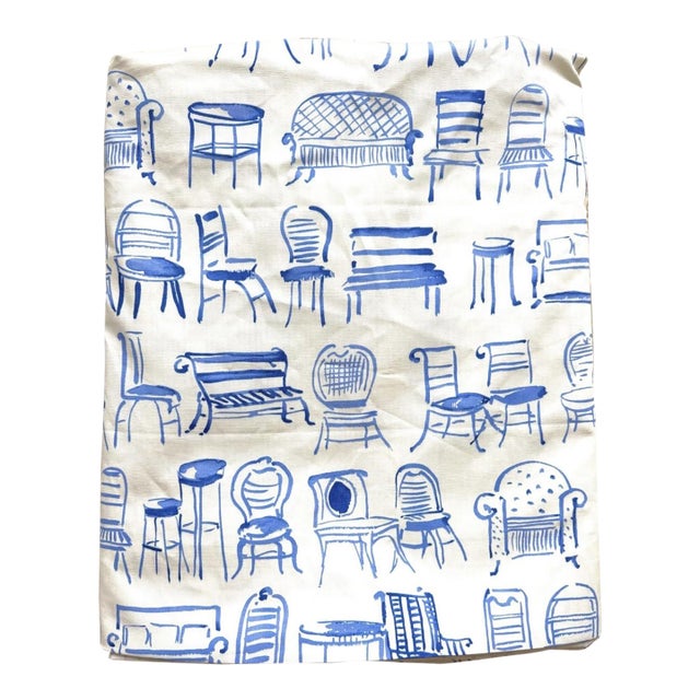 Vintage Novelty Decor Fabric Blue & White Chair Motif Upholstery Designer 8 Continuous Yards For Sale
