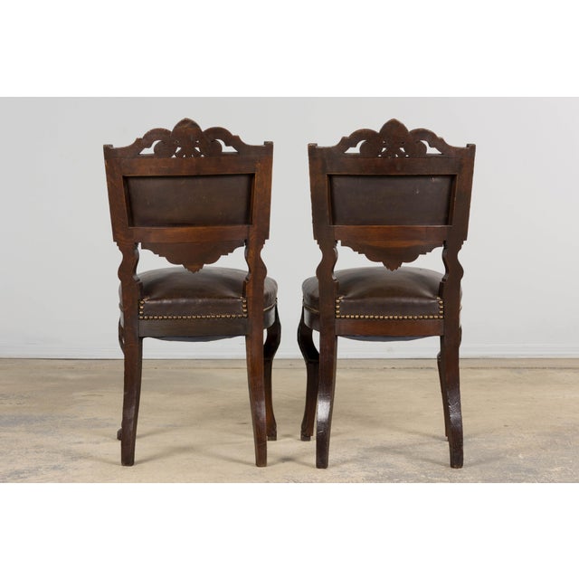 Antique French Louis XV Style Oak Dining Chairs W/ Brown Leather - Set of 8 For Sale - Image 17 of 18