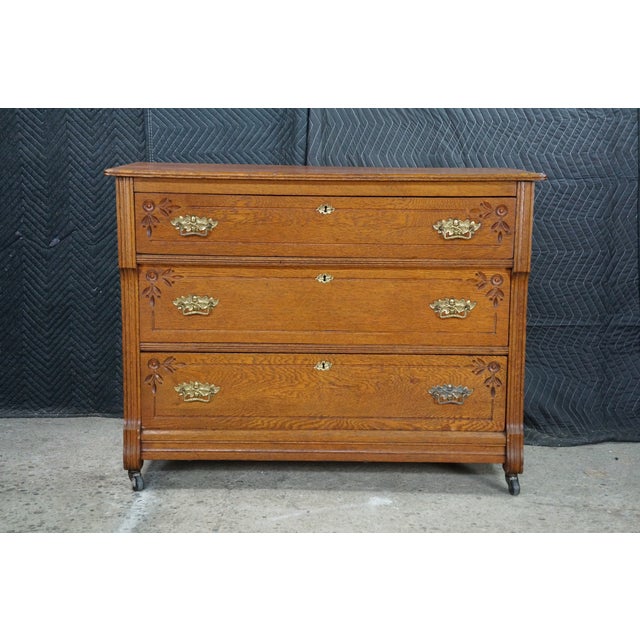 Brown Antique Victorian Eastlake Oak Three Drawer Carved Dresser Chest Casters 43" For Sale - Image 8 of 18