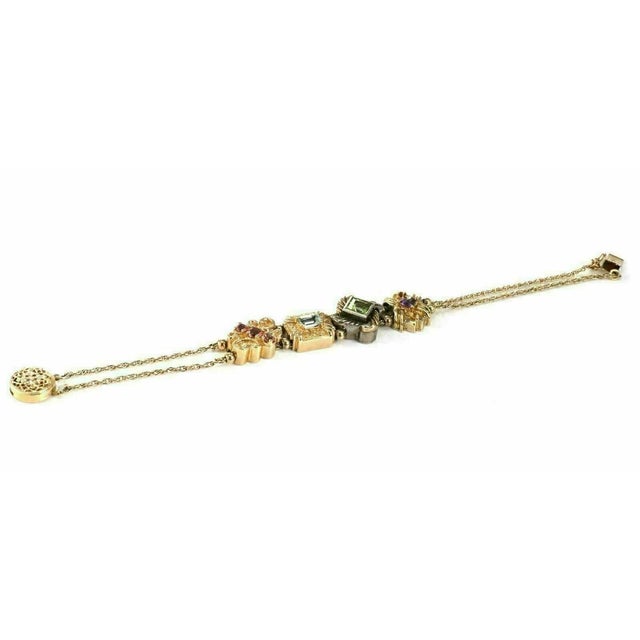 Mid 20th Century Multicolor Gems 14k Gold & Sterling 4 Charms Double Chain Bracelet For Sale - Image 4 of 6