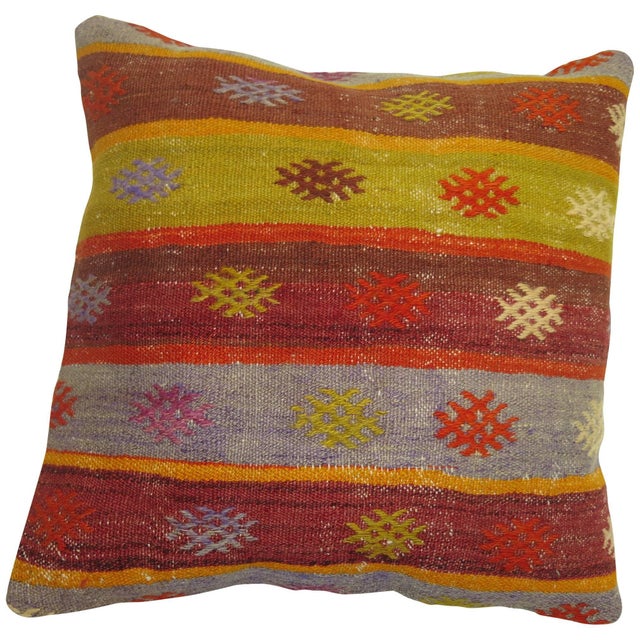 Pillow made from a vintage turkish kilim with cotton back. Zipper closure and foam insert provided. 19'' x 20''