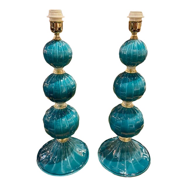 Pair of Modern Teal Ball Form Murano Glass Lamps For Sale