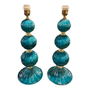 Pair of Modern Teal Ball Form Murano Glass Lamps