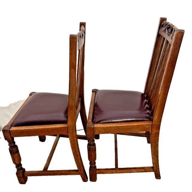 Antique Oak Side Chairs Set of Two Arts & Crafts Carved Spindle Back Vinyl Seats For Sale - Image 4 of 10