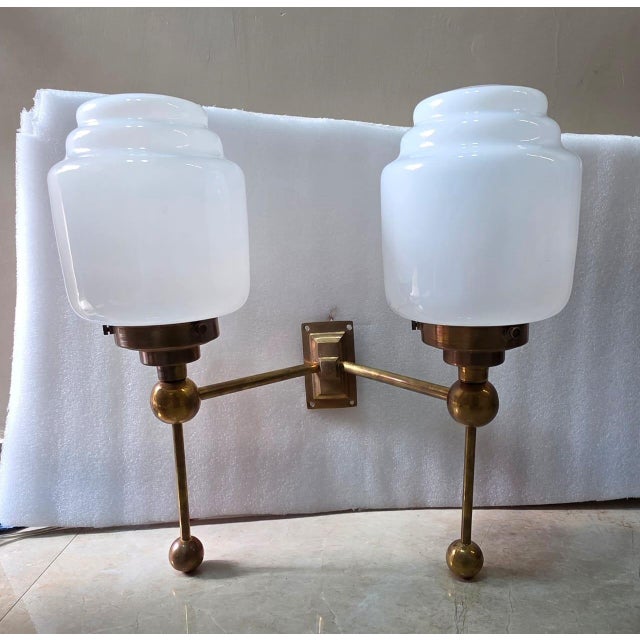 Glass Vintage Art Deco Light Old Lamp Wall Sconces Fixture Brass & Skyscraper Milk Glass Shade Ship Light For Sale - Image 7 of 7