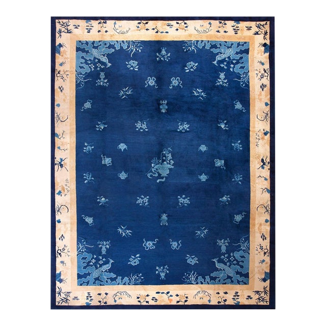 An Excellent Example of Chinese Culture in a Qing Style on Royal Blue Background Color and Beige Border For Sale
