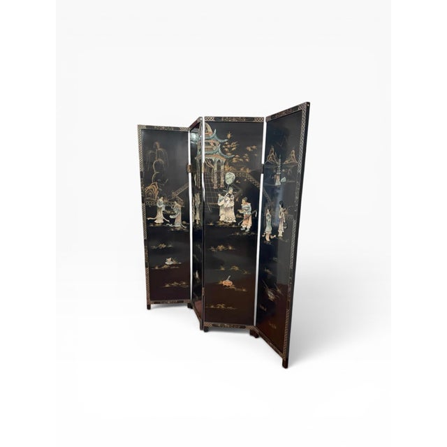 Vintage Mid-Century Chinese Four-Panel Lacquered Coromandel Screen For Sale - Image 10 of 11