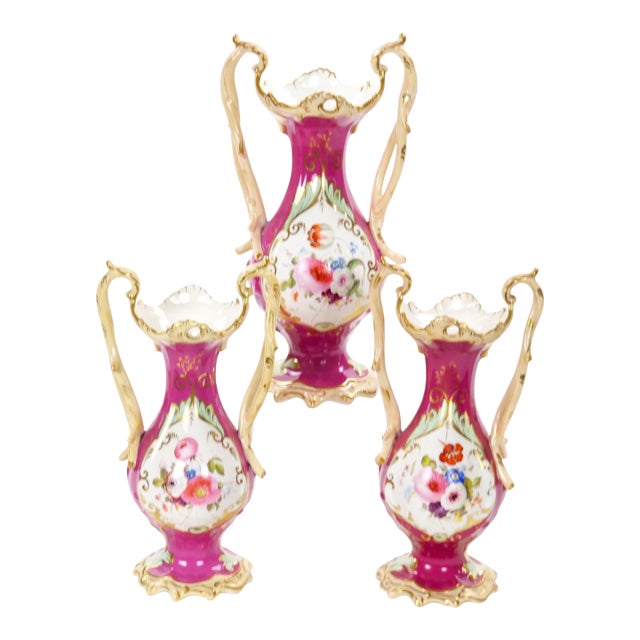Antique English Porcelain Gilt & Painted Three-Piece Urn / Vase Garniture Set For Sale