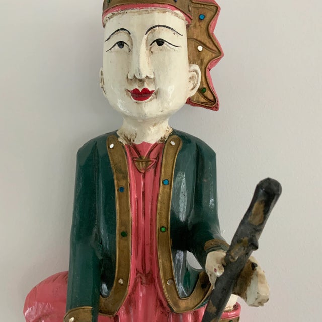 Vintage Thai Carved Wooden Musician Sculptures With Jeweled Robes- Set of 2 For Sale - Image 10 of 13