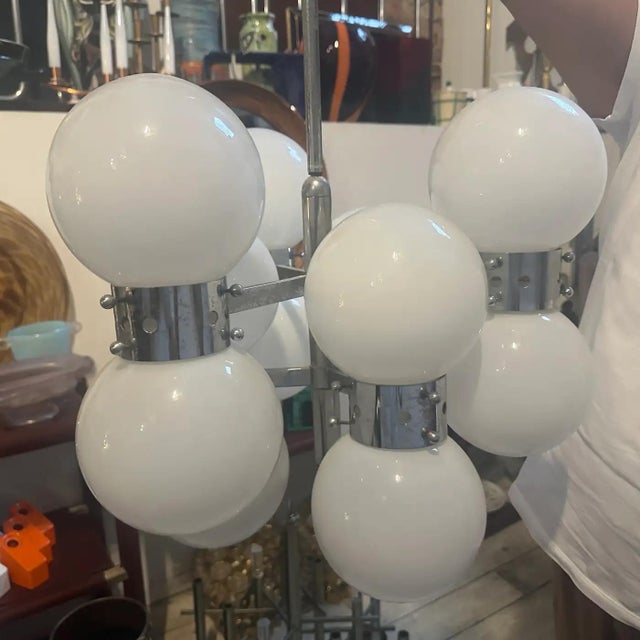 1960s Space Age Steel and Opaline Glass 10 Lights Italian Chandelier For Sale - Image 11 of 17