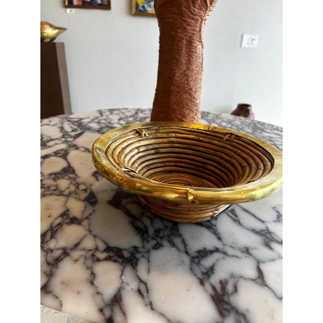 Hollywood Regency Italian Pencil Reed Rattan Bowl With Brass Trim, 11 In For Sale - Image 3 of 5