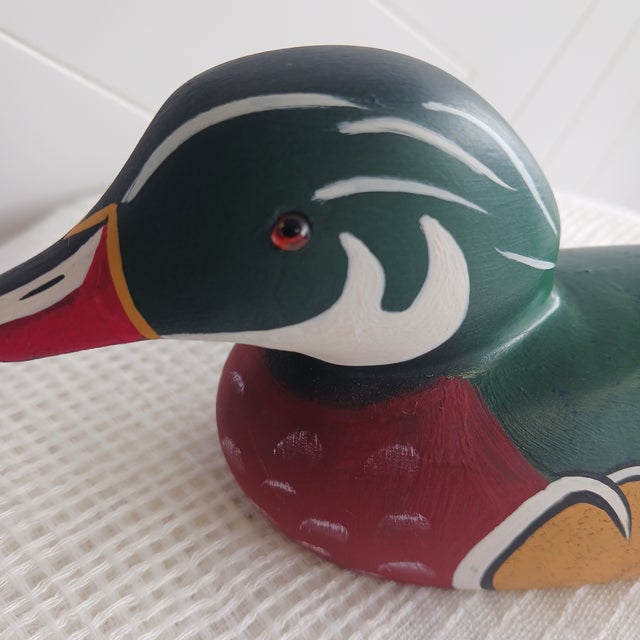 Green ​Vintage Hand-Signed Shirley Hearne Wood Duck Drake Decoy - Mint Condition For Sale - Image 8 of 8