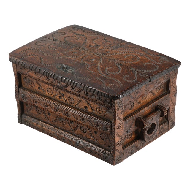 Antique Scandinavian Folk Art Carved Oak Table Chest For Sale