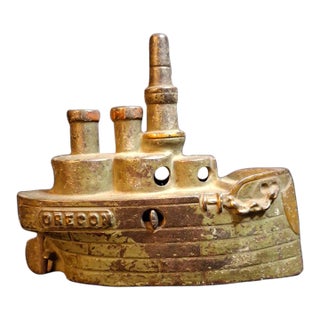 Antique Cast Iron Battleship Oregon Still Penny Bank J&e Stevens Green Paint 1898 For Sale