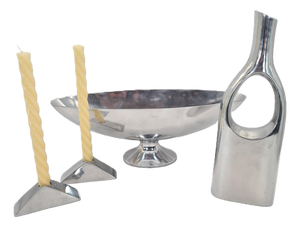 Polished Aluminum Platter, Candlesticks and Vase, 1990s, Set of 4