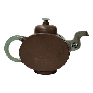 Chinese Zisha Clay Brown Jade Stone Handle Pewter Teapot Display Art For Sale