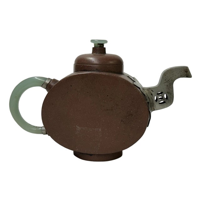 Chinese Zisha Clay Brown Jade Stone Handle Pewter Teapot Display Art For Sale