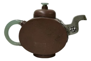 Chinese Zisha Clay Brown Jade Stone Handle Pewter Teapot Display Art
