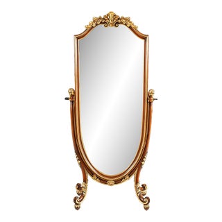 Italian Cherry Wood Cheval Mirror With Gold Leaf Accents For Sale