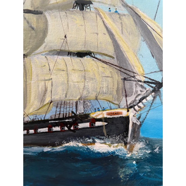 Textile 2018 Signed "Brennan" Folk Art Maritime Sailing Ship Painting in Ornate Frame For Sale - Image 7 of 17