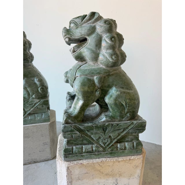 1980s Pair of Large Vintage Chinese Green Soapstone Foo Dog Guardian Sculptures For Sale - Image 5 of 12