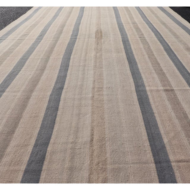 Traditional Vintage Turkish Gallery Kilim With Soft Neutral Stripes in Blue and Sand For Sale - Image 3 of 12