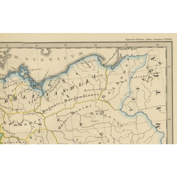 The map, titled "GERMANIA, RAETIA, NORICUM," depicts the regions of Germania, Raetia, and Noricum, which correspond to...