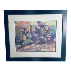 1930s Prickly Pear Sonoran Desert Landscape Pastel Drawing on Canvas by Raymond Nott, Framed