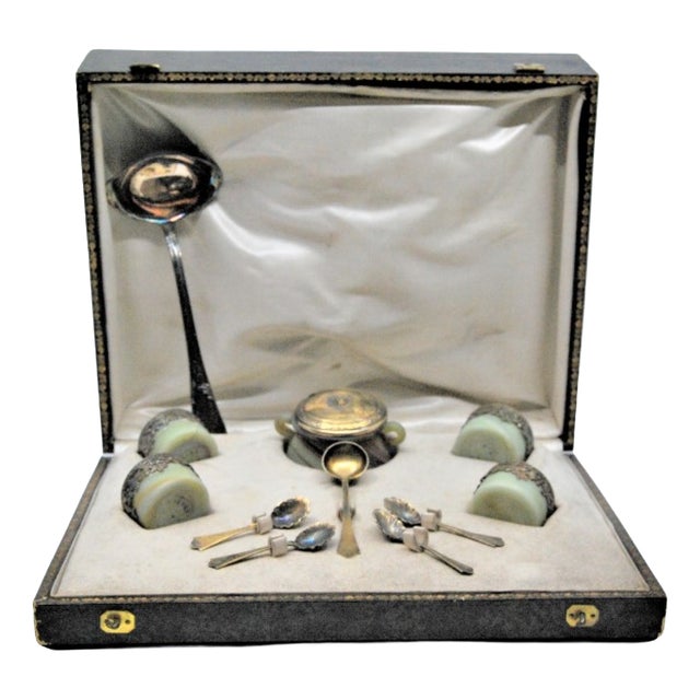 Silver Salt and Pepper Shakers with Glass Cores and Spoons, Set of 11 For Sale