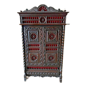 1800's Antique Carved, Shelves, Red Interior., French Breton Bookcase!