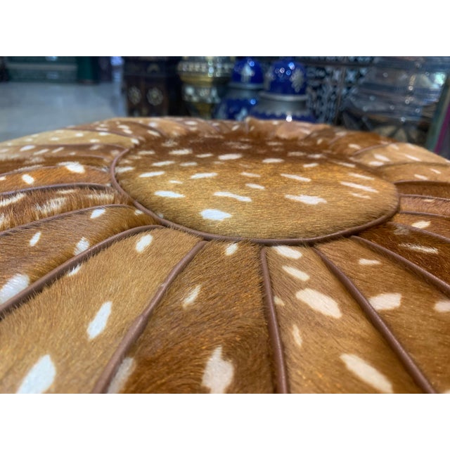 Contemporary Handmade Moroccan Leather Hair-on-Hide Pouf | Luxury Boho Accent Stool For Sale - Image 3 of 5