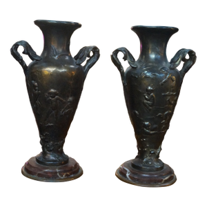 Early 20th Century French Art Nouveau Bronze Cherub Vases - A Pair