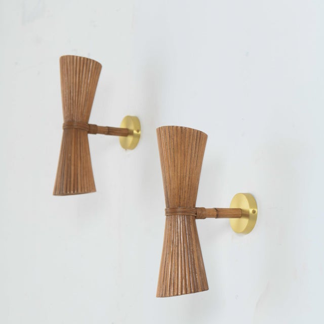 Pair of Rattan & Brass Wall Sconce For Sale - Image 4 of 7