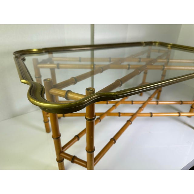 1970s Attributed to Baker Regency Faux Bamboo Rectangular Glass and Brass Coffee Table For Sale - Image 9 of 11