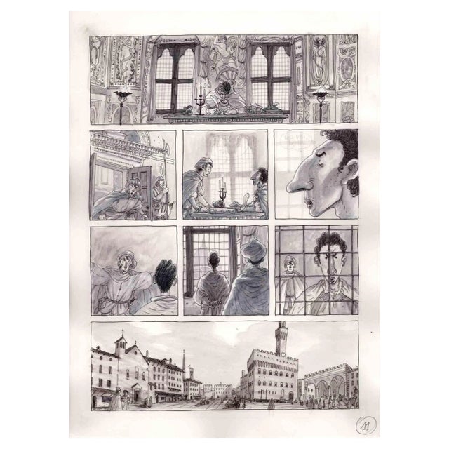 Vincenzo Bizzarri, Complaint in Piazza, Ink & Watercolor on Paper, 2015 For Sale