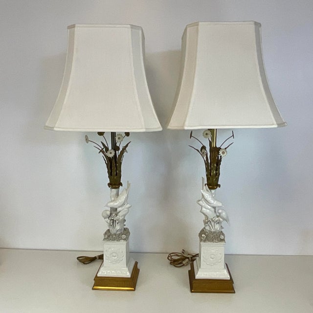 1940s French Large Scale Porcelain Birds and Floral Tole Table Lamps - A Pair For Sale - Image 12 of 13