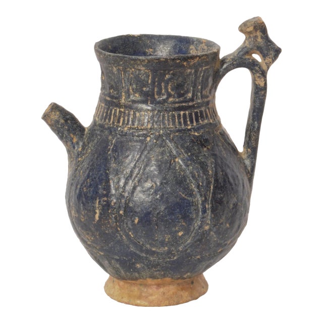 Ancient Persian Islamic Blue Glazed Pottery Vessel Jug Caligraphy Khorasan 1200 For Sale