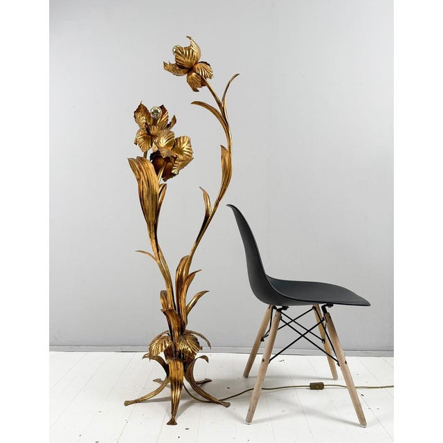 Hans kögl, floor lamp, hollywood regency style, 1970s, metal construction, decorated with gold leaf, 3 light sources,...