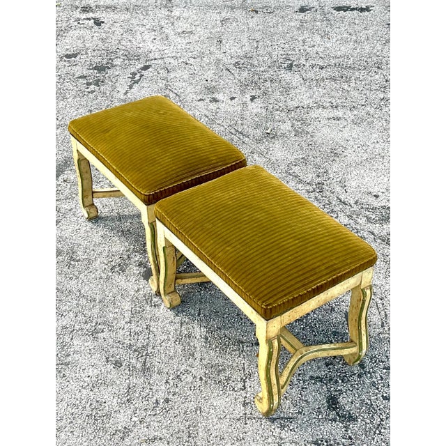 French Provincial Vintage Pair of Carved Wood Corduroy Stools For Sale - Image 3 of 6