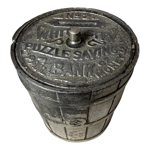 Antique 1800's Cast Iron White City Puzzle Savings #2 Deposit Pail Still Bank For Sale