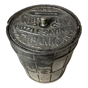 Antique 1800's Cast Iron White City Puzzle Savings #2 Deposit Pail Still Bank