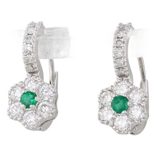 1.70ctw Emerald Diamond Flower Drop Earrings 14k White Gold Lever Backs For Sale