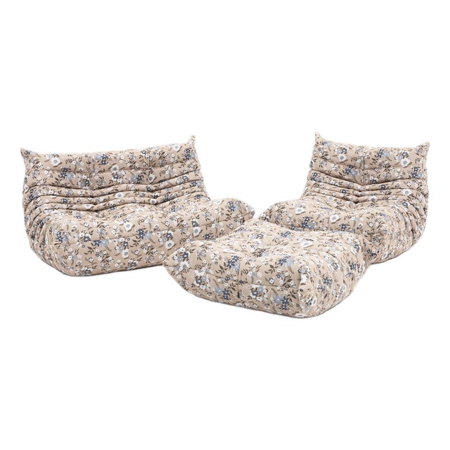 Togo Lounge Chair with Pouf and 2-Seater Sofa in Pattern Fabric by Michel Ducaroy for Ligne Roset, Set of 3 For Sale