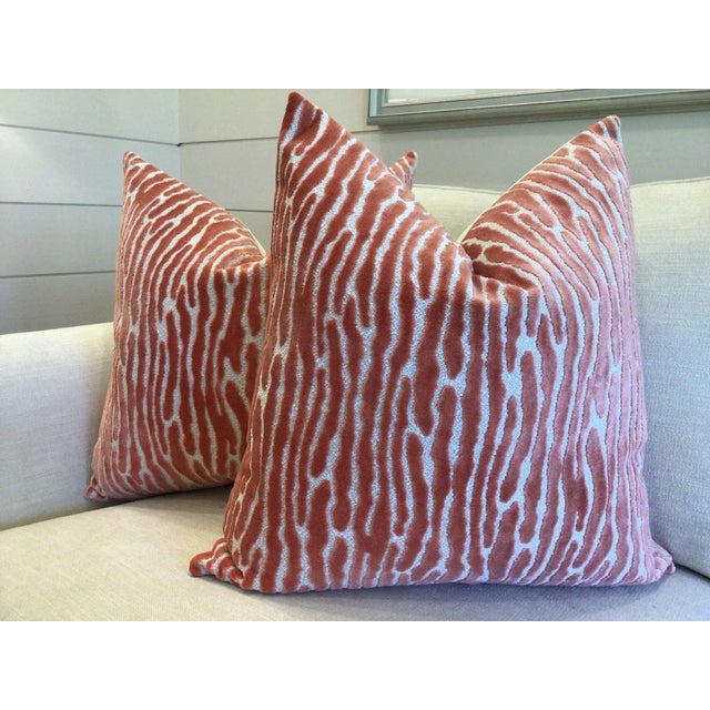 Boho Chic Raised Velvet Coral "Bedford Melon"-Pillows- a Pair For Sale - Image 3 of 3