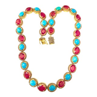 Bochic "Capri" Vintage Ruby, Turquoise & Diamond Necklace & Earrings Set 18K Gold For Sale