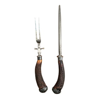 Vintage Stag Sheffield Carving Fork and Knife Sharpener For Sale