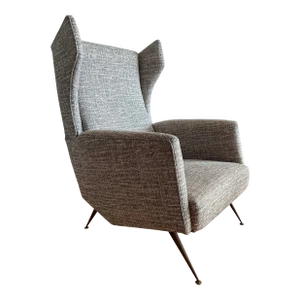 Gio Ponti Attributed 1950s Wingback Loungechair With Aged Brass Legs and Tweed Re-Upholstery