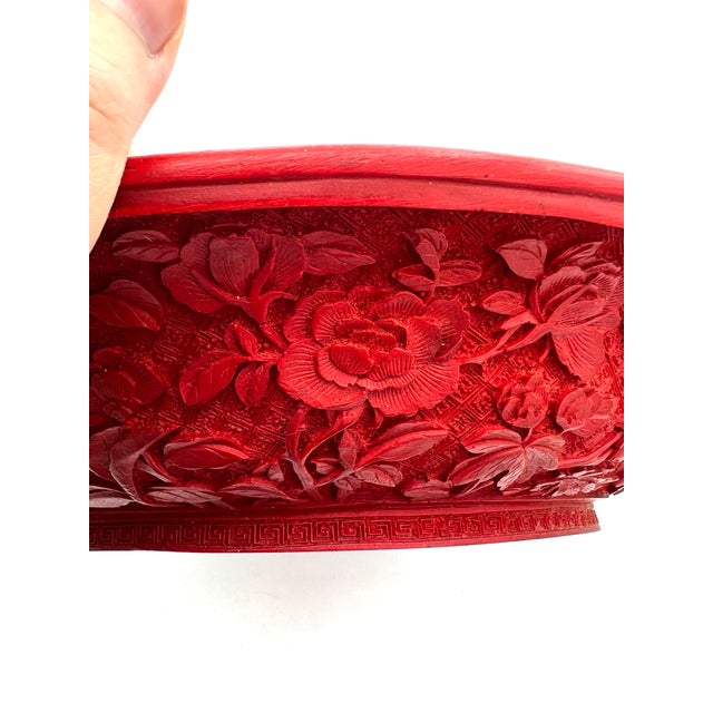 Stunning Antique Elaborate Cinnabar Lacquer Wufu Bat Bowl For Sale - Image 9 of 12