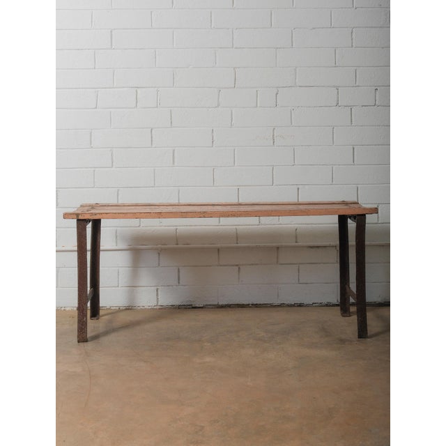 Farmhouse Iron-Base Bench With Weathered Wooden Seat For Sale - Image 3 of 6