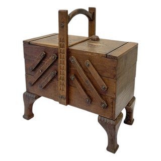 Arts & Crafts Style Oak Expanding Sewing Box, 1950s For Sale